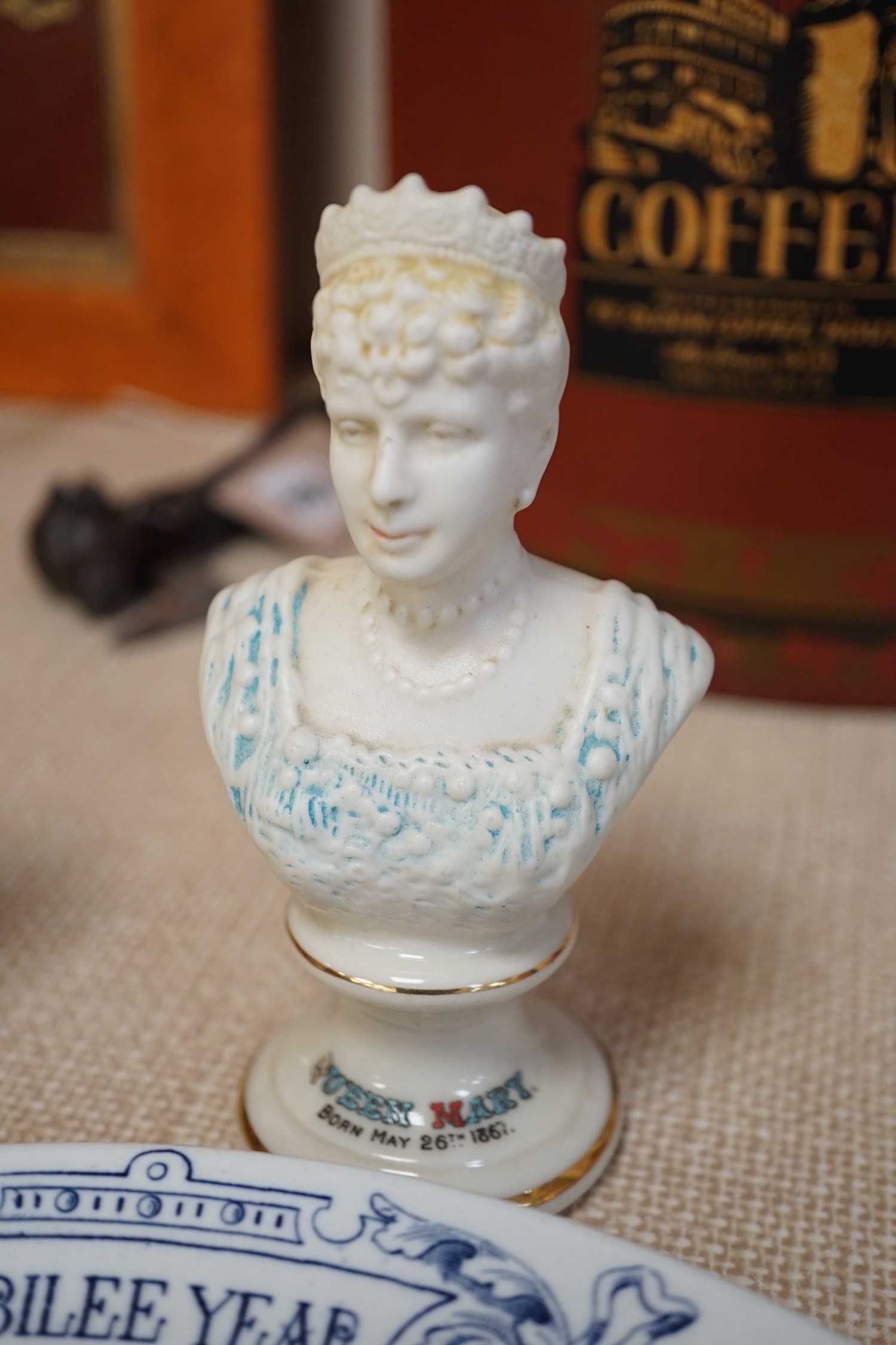 Royal Commemorative ceramics - Royal Worcester Queen Victoria Golden Jubilee plate, three Arcadian busts of George VI, Mary and Prince of Wales etc.